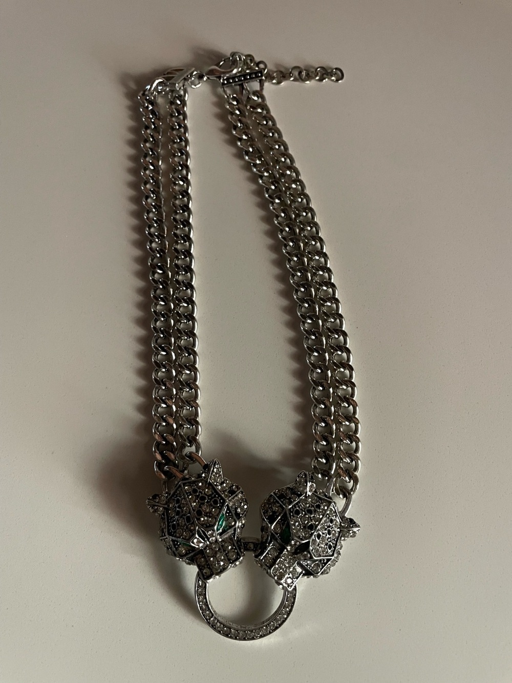Silver Panther Head Multi-Chain Necklace with Green Accents - Picture 2 of 5